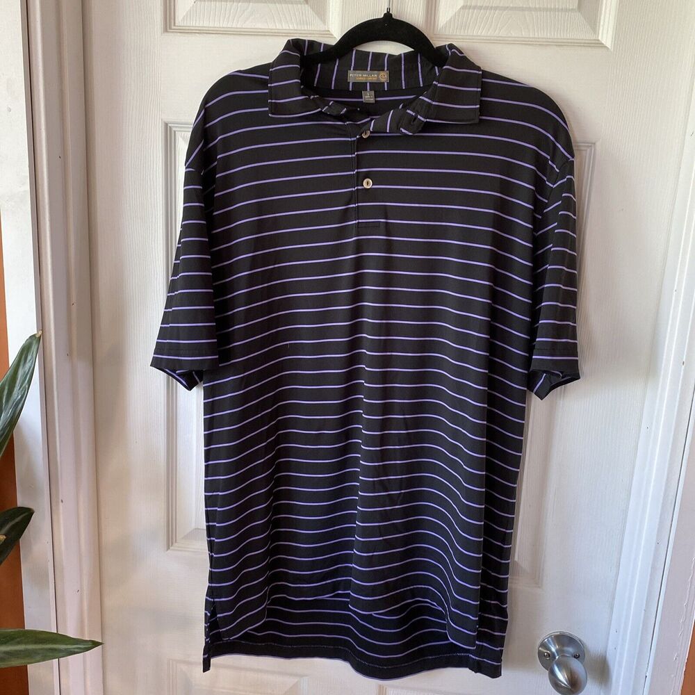 Peter Millar Polo Shirt Mens Large Summer Comfort Corwin Cup Patch Purple Stripe